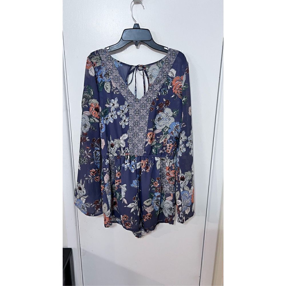 O'Neill Women's Sheer Floral Ruffled Long Sleeve Romper Purple Size S